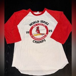 VINTAGE ST LOUIS CARDINALS 1982 WORLD SERIES 3/4 SLEEVE BASEBALL TEE Medium